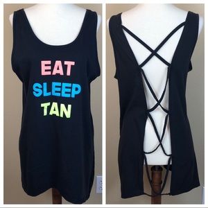 OP Open Back Criss-Cross “Eat Sleep Tan” Graphic Tank - Size Large 11/13 Juniors